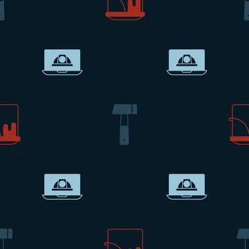 Set Paint bucket, Hammer and Worker safety helmet on seamless pattern. Vector Stock Illustration