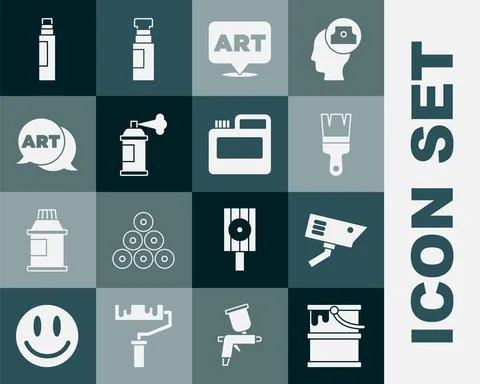 Set Paint bucket, Security camera, brush, Speech bubble with text art, spray can Stock Illustration