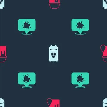 Set Paint bucket, spray can and  on seamless pattern. Vector Stock Illustration