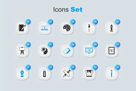 Set Paint bucket, spray, Computer with design program, Fountain pen nib, br.. Stockillustratie