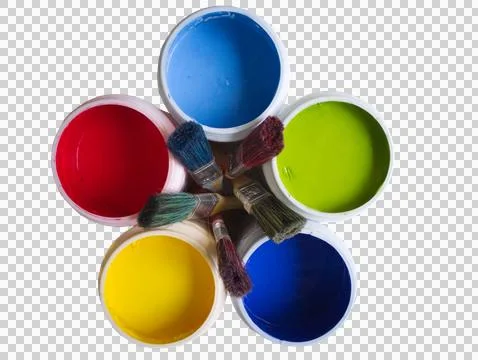 Set of paint containers of different colors with paint brushes in the center Stock Photos