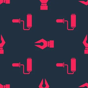 Set Paint roller brush and Fountain pen nib on seamless pattern. Vector Stock Illustration