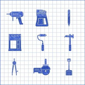 Set Paint roller brush, Angle grinder, Snow shovel, Claw hammer, Drawing co.. Illustration