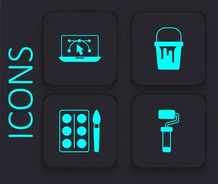 Set Paint roller brush, Computer with design program, bucket and Watercolor.. イラスト素材