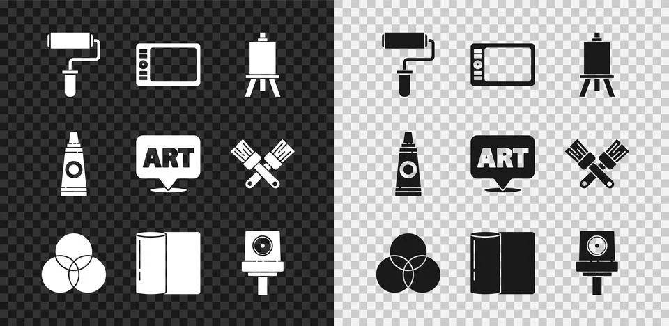 Set Paint roller brush, Graphic tablet, Easel or painting art boards, RGB and Illustrazione stock