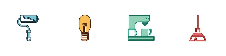 Set Paint roller brush, Light bulb, Coffee machine and Handle broom icon. V.. 스톡 일러스트