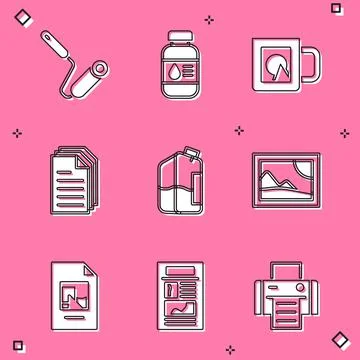 Set Paint roller brush, Printer ink bottle, Coffee cup, File document, Picture Stock Illustration