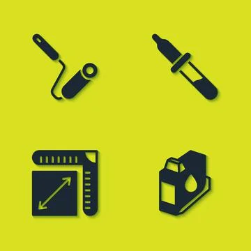 Set Paint roller brush, Printer ink cartridge, Paper size and Pipette icon Stock Illustration