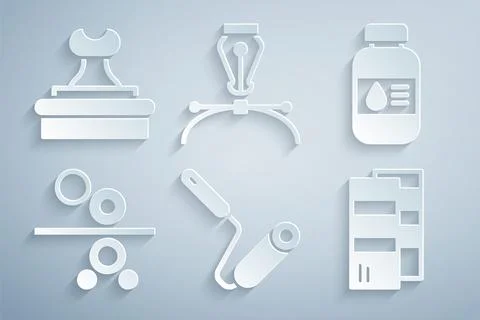 Set Paint roller brush, Printer ink bottle, Paper of printing press, Pantone Stock Illustration