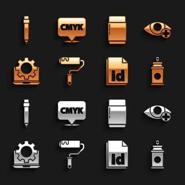 Set Paint roller brush, Red eye effect, spray can, ID File document, Laptop and Stock Illustration