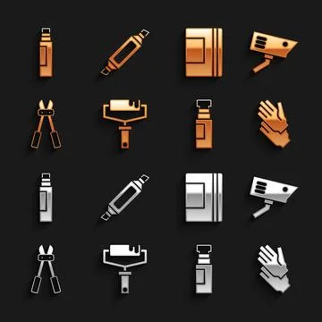 Set Paint roller brush, Security camera, Rubber gloves, Marker pen, Bolt cutter Stock Illustration