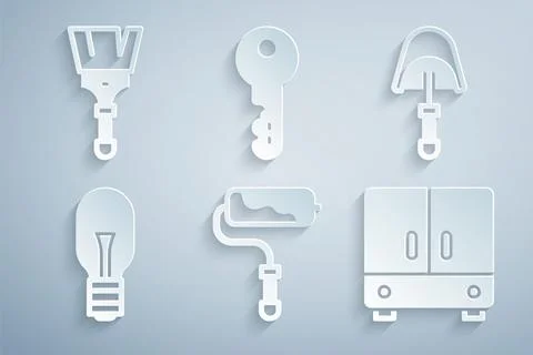 Set Paint roller brush, Spatula, Light bulb, Wardrobe, House key and  icon... Stock Illustration