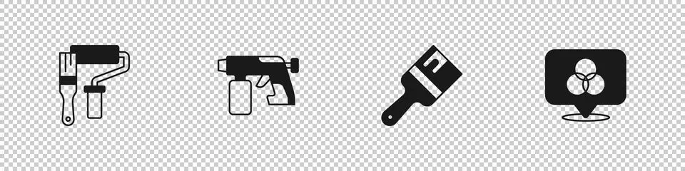 Set Paint roller brush, spray gun, and RGB and CMYK color mixing icon. Vector Stock-Illustration