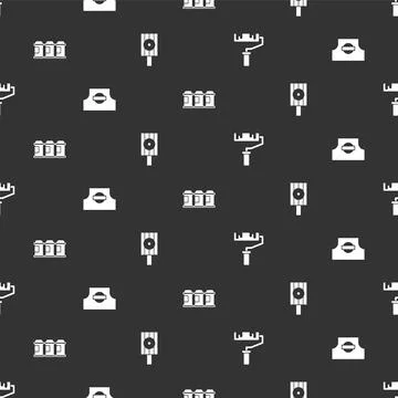 Set Paint roller brush, Spray can nozzle cap, spray and on seamless pattern Stock Illustration
