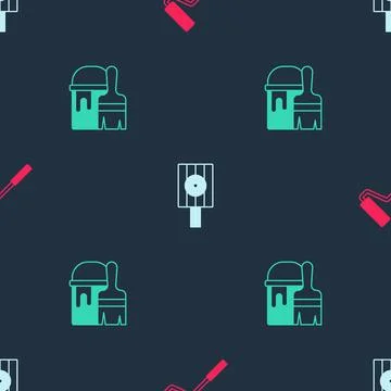 Set Paint roller brush, Spray can nozzle cap and bucket with on seamless pattern Stock Illustration
