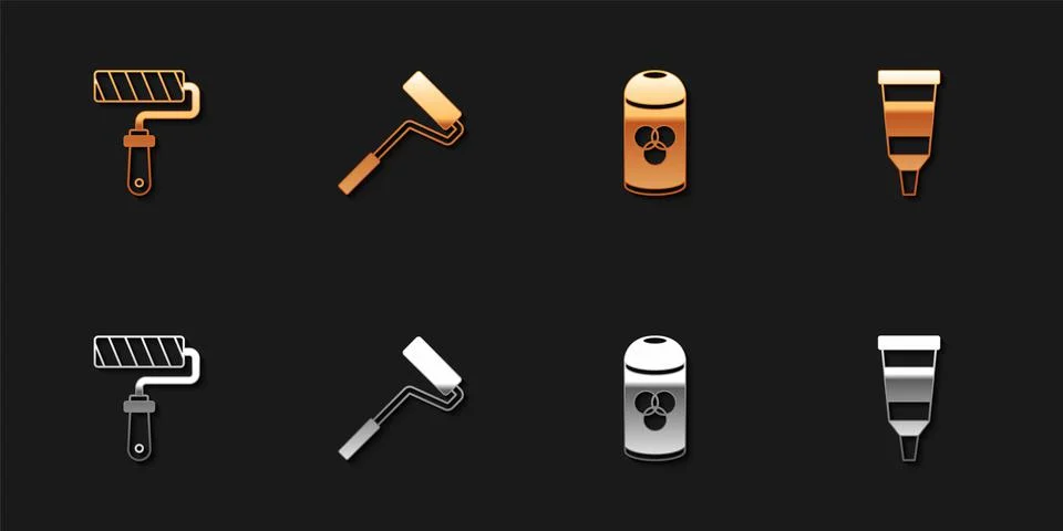 Set Paint roller brush, spray can and Tube with paint palette icon. Vector Stockillustratie