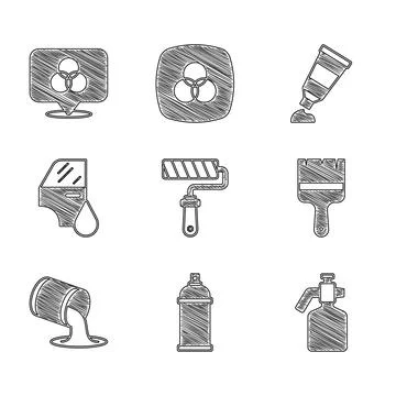Set Paint roller brush, spray can, gun, bucket, Car painting, Tube with pal.. Stock-Illustration