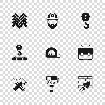 Set Paint roller brush, Toolbox, Brick wall with trowel, Roulette construct.. イラスト素材