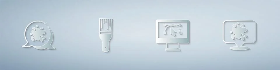 Set Paint spray, brush, Computer with design program and . Paper art style... Stock Illustration