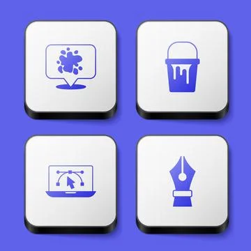 Set Paint spray bucket Computer with design program and Fountain pen nib icon Stock Illustration