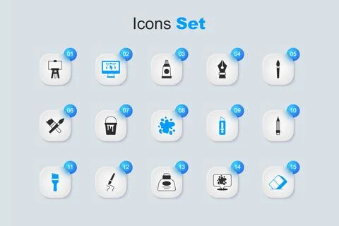 Set Paint spray, bucket, Computer with design program, brush, Eraser or rub.. Stock Illustration