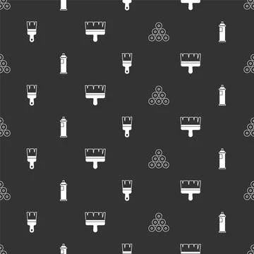 Set Paint spray can, , brush and on seamless pattern. Vector Stock Illustration