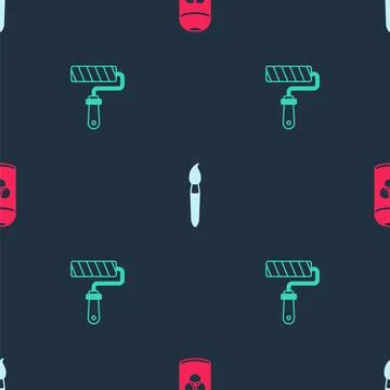 Set Paint spray can, brush and roller on seamless pattern. Vector Stock Illustration