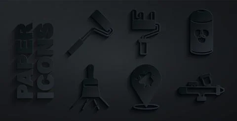 Set Paint spray, can, brush, gun, roller and icon. Vector Stock Illustration