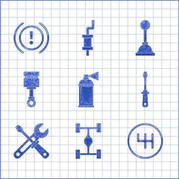 Set Paint spray can Chassis car Gear shifter Screwdriver and wrench tools Eng Stock Illustration