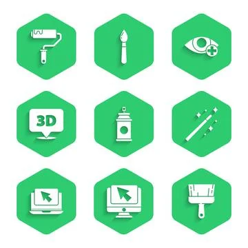 Set Paint spray can, Computer monitor and cursor, brush, Magic wand, Laptop 스톡 일러스트