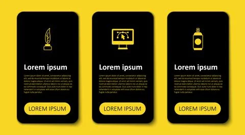 Set Paint spray can, Computer with design program and Feather and inkwell 스톡 일러스트