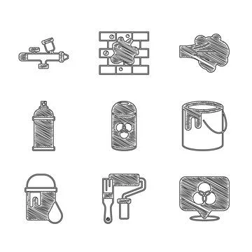 Set Paint spray can, roller brush, RGB and CMYK color mixing, bucket, and gun Stock-Illustration