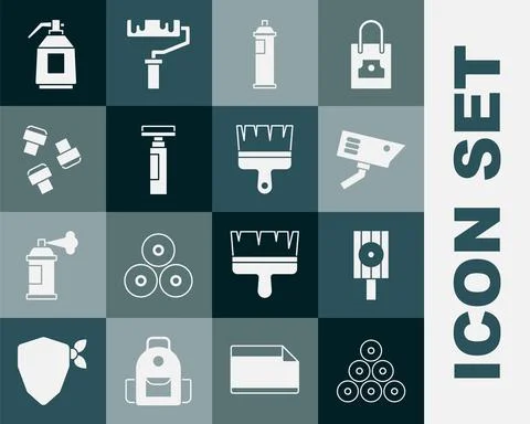 Set Paint spray can, Spray nozzle cap, Security camera, Marker pen, attachment Stock Illustration