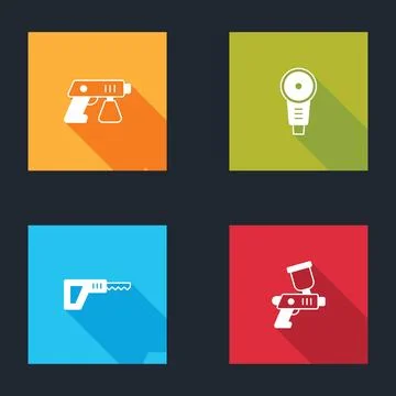 Set Paint spray gun, Angle grinder, Reciprocating saw and  icon. Vector Stock Illustration