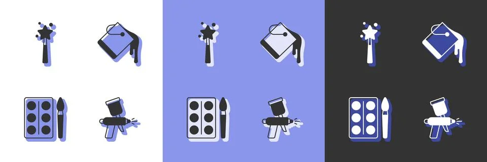 Set Paint spray gun, Magic wand, Watercolor paints box and bucket icon. Vecto Stock Illustration