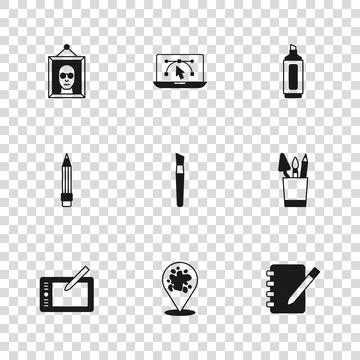 Set Paint spray, Pencil case stationery, Notebook, brush, Marker pen, Pictu.. Stock-Illustration