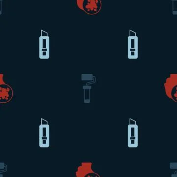 Set Paint spray, roller brush and Stationery knife on seamless pattern. Vecto Stock Illustration