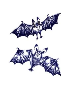 Set of painted black bats on a white background, graphic black and white pattern Stock Illustration