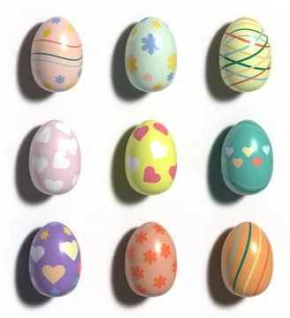 Set of painted Easter eggs with shadow on isolated background, Happy Easter Foto stock