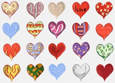 Set of painted hearts in various designs Stock Illustration