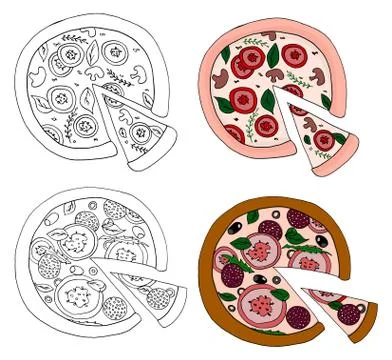 A set of painted pizza colored and for coloring. Italian pizza. Stock Illustration