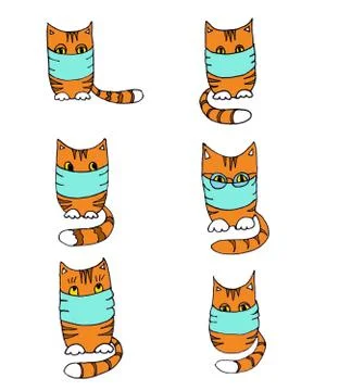 Set of painted striped ginger red cats in a medical mask. graphic drawing Illustrazione stock
