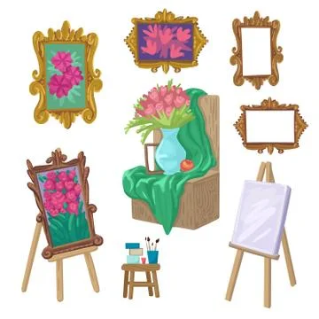 Set of painting objects. Easel with canvas, paintings and still life. Vector Stock Illustration
