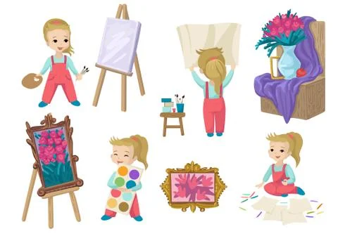 A set of painting objects. Girl in different poses, easel and still life. Stock Illustration