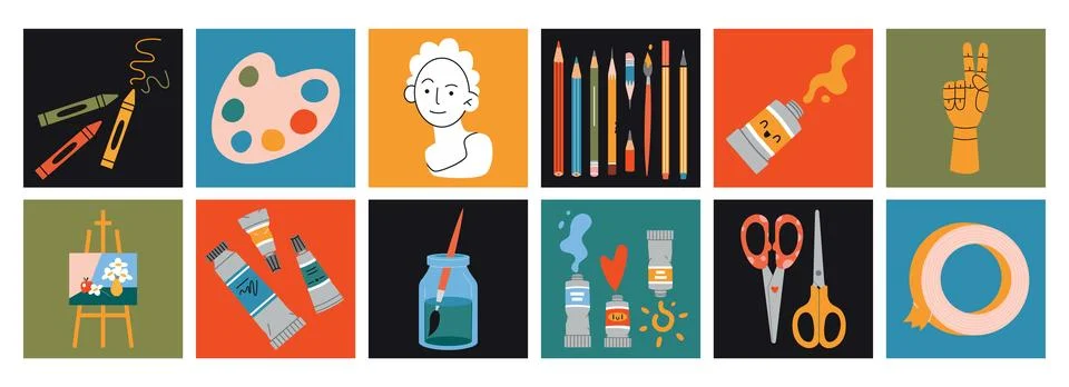 Set of painting tools elements and art supplies. Square colorful icons, car.. Stock Illustration