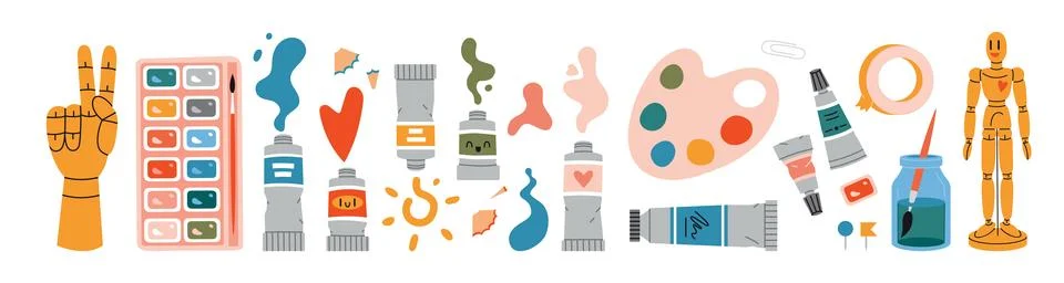 Set with painting tools elements and Art supplies, cartoon style. Various t.. Stock Illustration