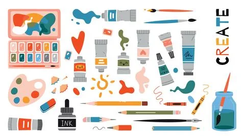 Set with Painting tools elements, cartoon style. Art supplies: paint tubes, b Stock Illustration