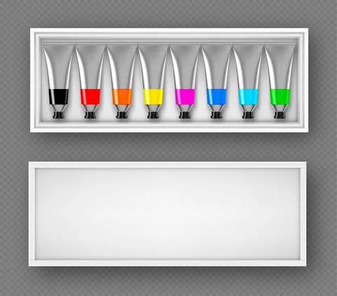 Set of paints tubes in box top view dye palette Stock Illustration