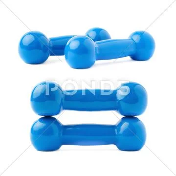 Set of Pair Plastic coated dumbells isolated over the white background Stock Photos