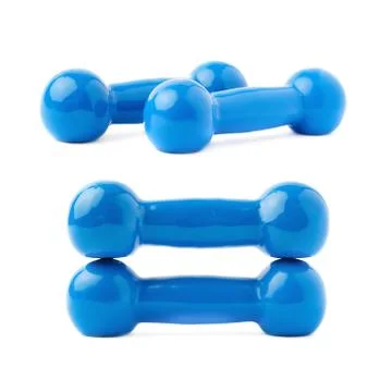 Set of Pair Plastic coated dumbells isolated over the white background Fotos Stock